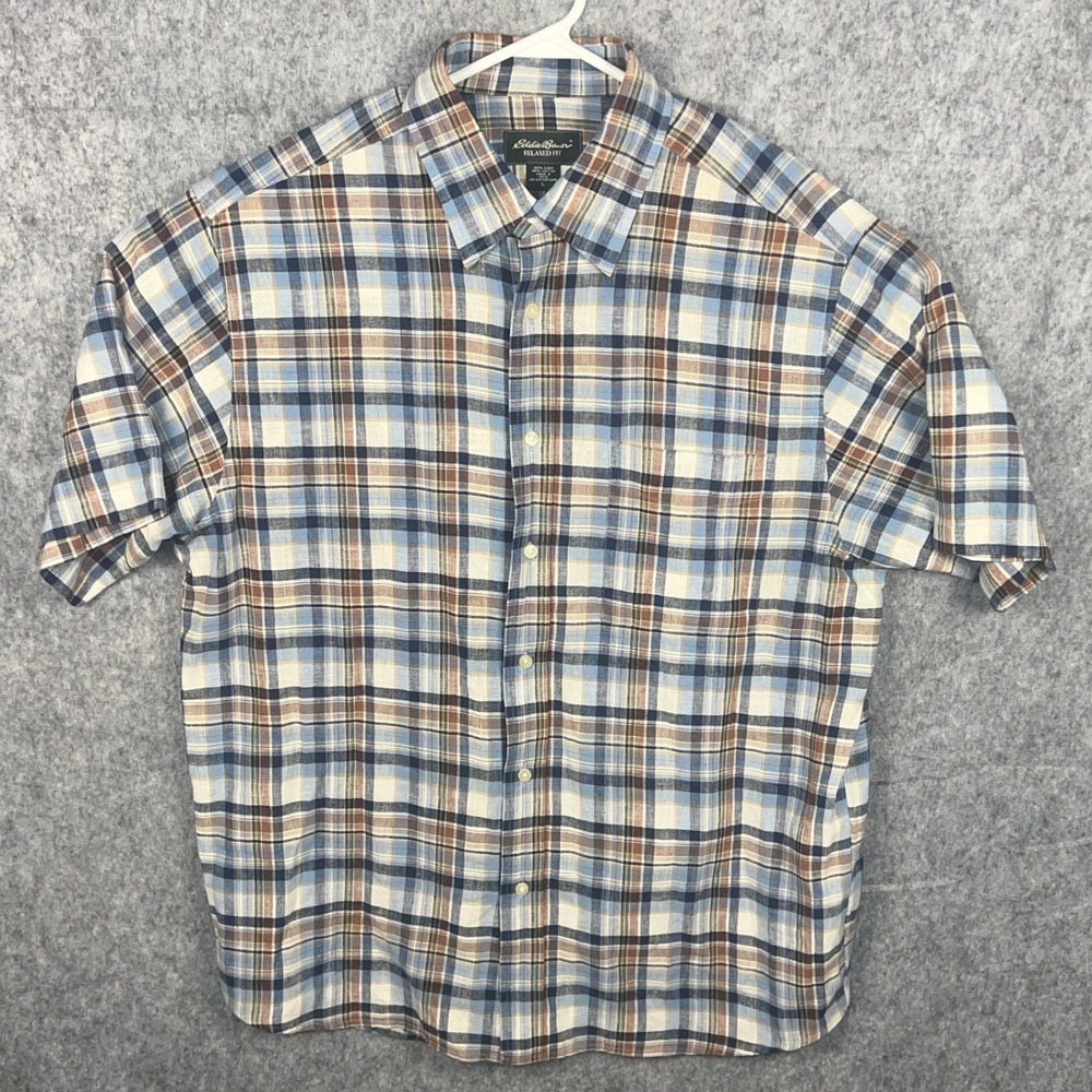 Eddie Bauer Men's Large Relaxed Fit Linen Cotton Plaid Short Sleeve Button Shirt